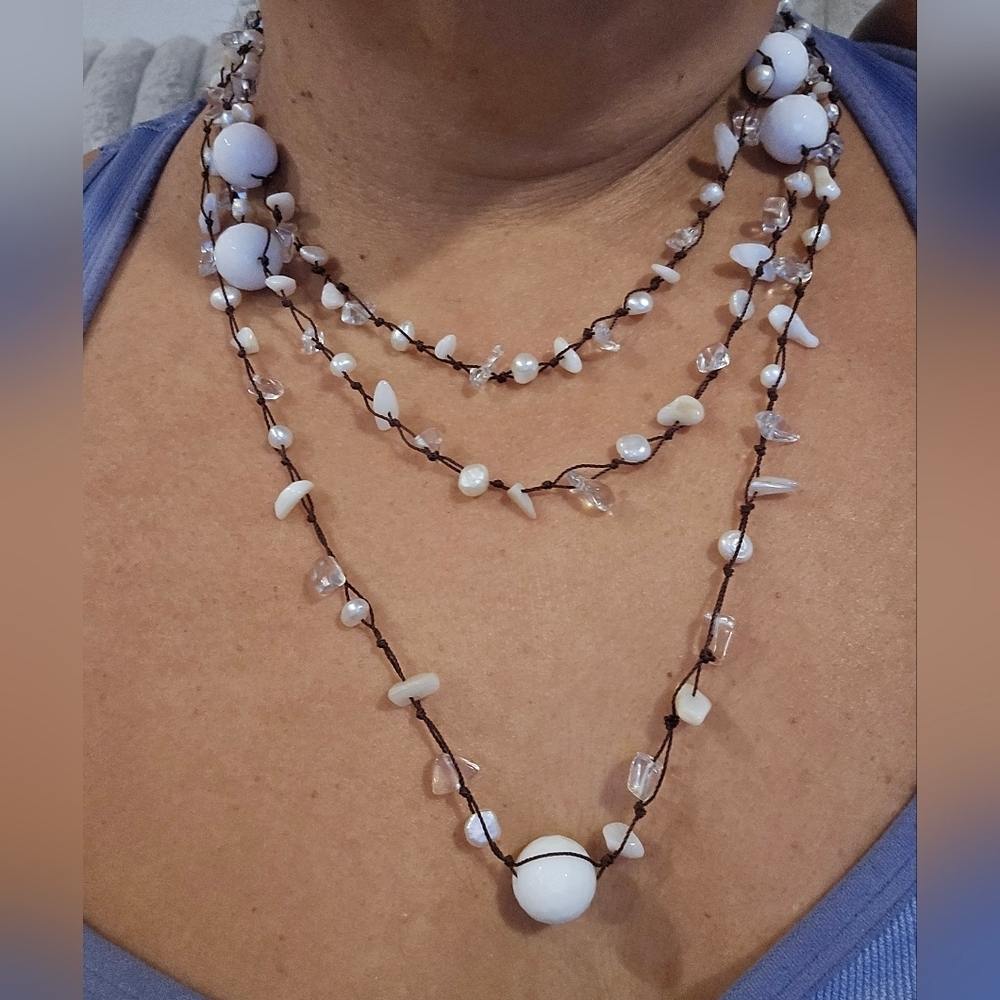 Women's Layered Beaded Necklace On Brown String